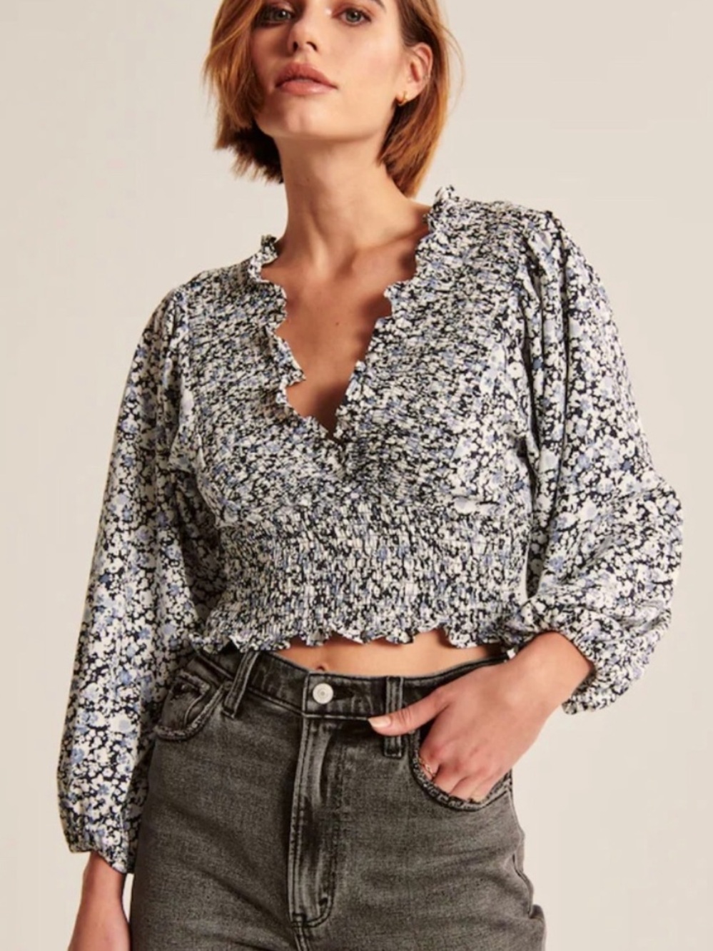 Abercrombie & Fitch Blue White Floral Smocked V-Neck Top